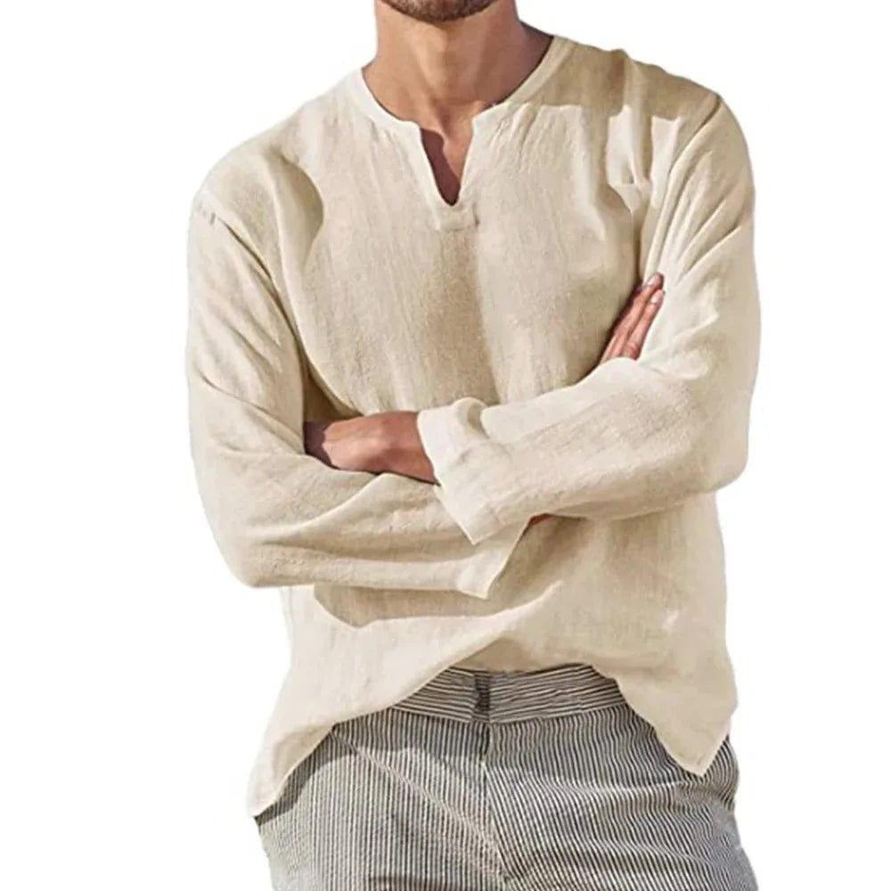 Men’s Cotton Linen V-Neck Casual Long Sleeve Shirt