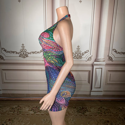 Women’s Patchwork Mini Dress – V-Neck Geometric Bodycon