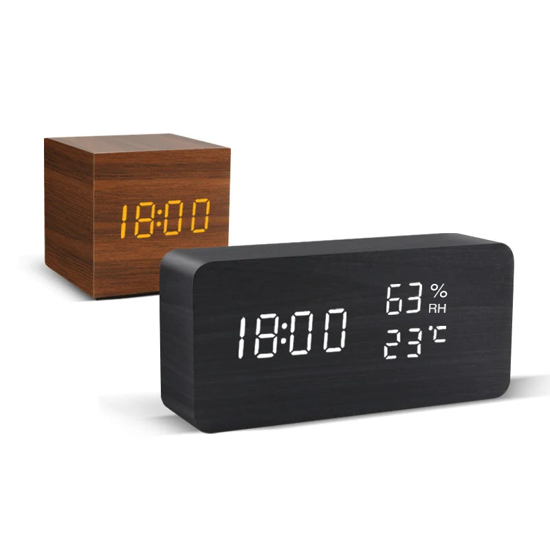 LED Wooden Digital Alarm Clock – Voice Control Table Clock