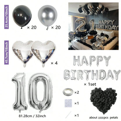 Black & Silver Birthday Balloon Decoration Set – 1050pcs Party Kit