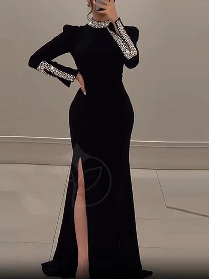 Women’s Rhinestone Patchwork Dress – Long Sleeve Elegant Banquet Outfit