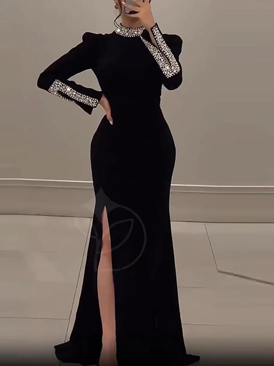 Women’s Rhinestone Patchwork Dress – Long Sleeve Elegant Banquet Outfit