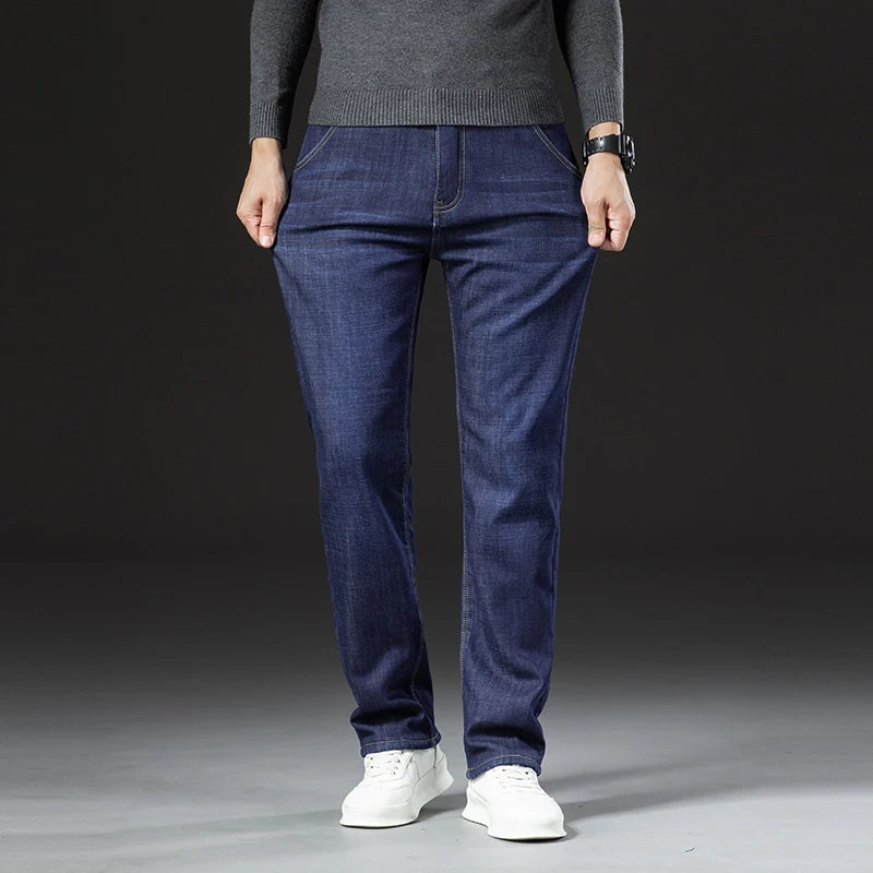 🔥 Men’s Winter Fleece Straight Jeans – High Waist Warm Denim