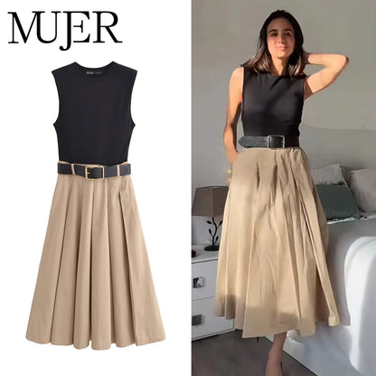 Women’s Pleated Midi Dress – Sleeveless Summer Casual Dress