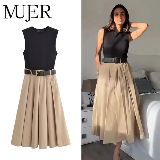 Women’s Pleated Midi Dress – Sleeveless Summer Casual Dress