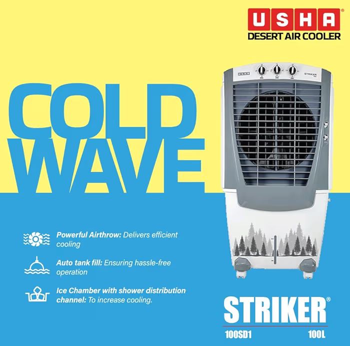 USHA Striker 100SD1 Desert Air Cooler for Large Rooms with 3-Side Honeycomb Pads, 11m Air Throw, Powerful Airflow & Inverter Compatibility (100L, White)