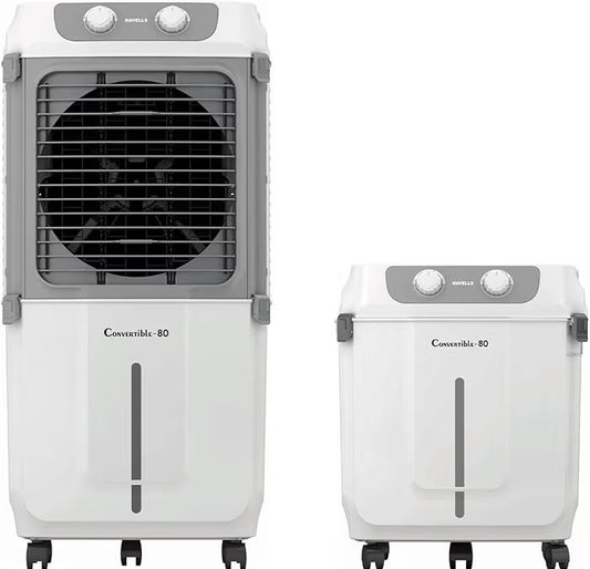 Havells 2-in-1 Convertible 80 L Desert Air Cooler for room| Dual functionality & easy storing| Can be used as side table| 5 Leaf Metal Blade Fan| Powerful Air-Delivery| Bacteria shield honeycomb pads