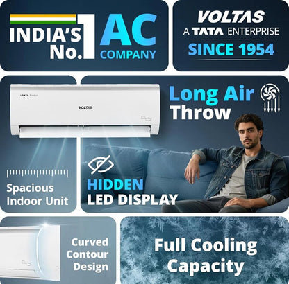 Voltas 123V CAE 1 ton 3 star inverter Split AC | 4-IN-1 Adjustable mode | Energy Efficient | High ambient Cooling-cools even at 52°C | Anti dust filter with Anti-microbial coating |Copper Coil |White