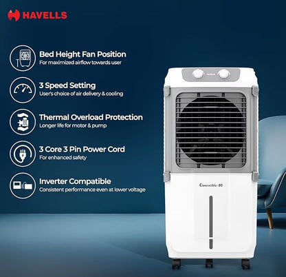 Havells 2-in-1 Convertible 80 L Desert Air Cooler for room| Dual functionality & easy storing| Can be used as side table| 5 Leaf Metal Blade Fan| Powerful Air-Delivery| Bacteria shield honeycomb pads