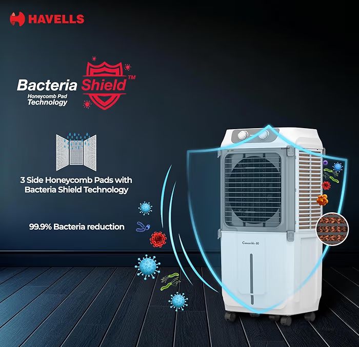 Havells 2-in-1 Convertible 80 L Desert Air Cooler for room| Dual functionality & easy storing| Can be used as side table| 5 Leaf Metal Blade Fan| Powerful Air-Delivery| Bacteria shield honeycomb pads