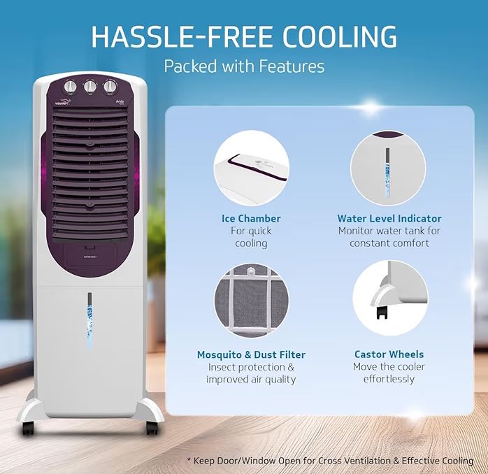 V-Guard Arido T35 H Air Cooler | 35 Litre | Air Delivery- 1300 M3/H | Two Years Manufacturer'S Warranty On Motor & Pump, White