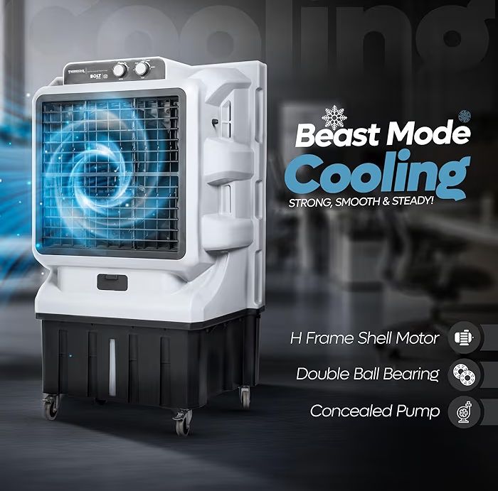 THERMOCOOL Commercial Cooler Bolt Excel with Wheel 95Ltr | Inverter Compatible, Low Noise | Honey Comb Pad | Collapsible Louvres | Water level Indicator | Auto Swing | 45ft Air Throw Distance