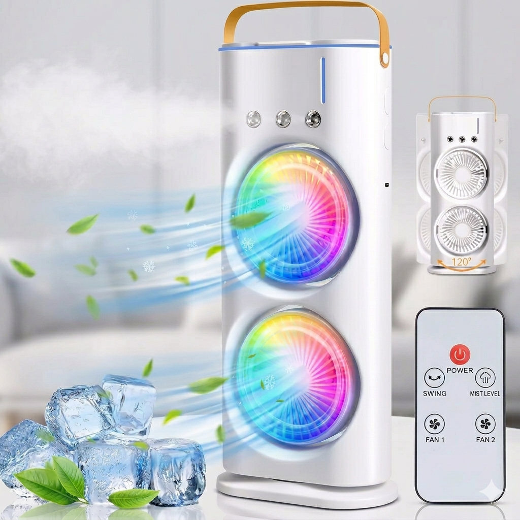 Mini Air Cooler Fan with Mist Spray, Dual Fan Cooling, RGB Light & Remote Control Portable Tower Cooler