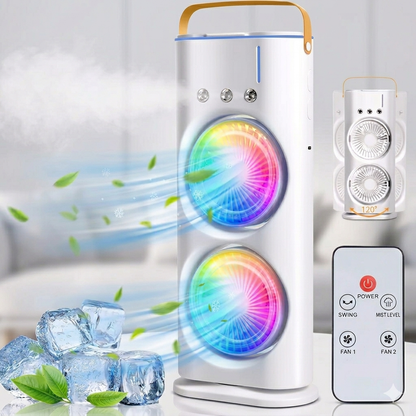 Mini Air Cooler Fan with Mist Spray, Dual Fan Cooling, RGB Light & Remote Control Portable Tower Cooler