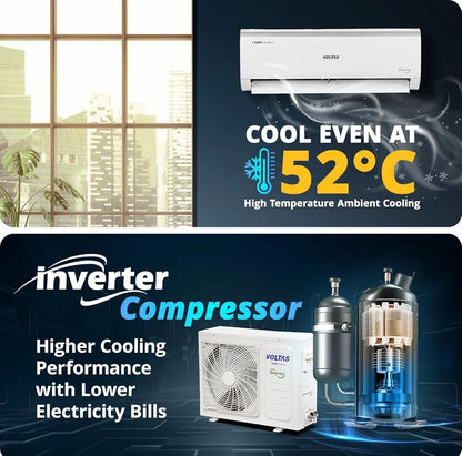 Voltas 123V CAE 1 ton 3 star inverter Split AC | 4-IN-1 Adjustable mode | Energy Efficient | High ambient Cooling-cools even at 52°C | Anti dust filter with Anti-microbial coating |Copper Coil |White