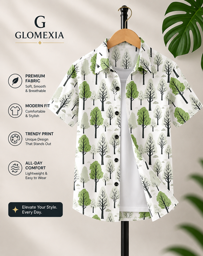 GLOMEXIA Boys White Forest Print Half Sleeve Casual Shirt | Soft Breathable Cotton Blend Shirt for Kids