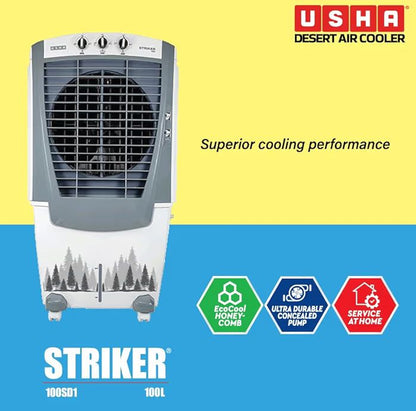 USHA Striker 100SD1 Desert Air Cooler for Large Rooms with 3-Side Honeycomb Pads, 11m Air Throw, Powerful Airflow & Inverter Compatibility (100L, White)