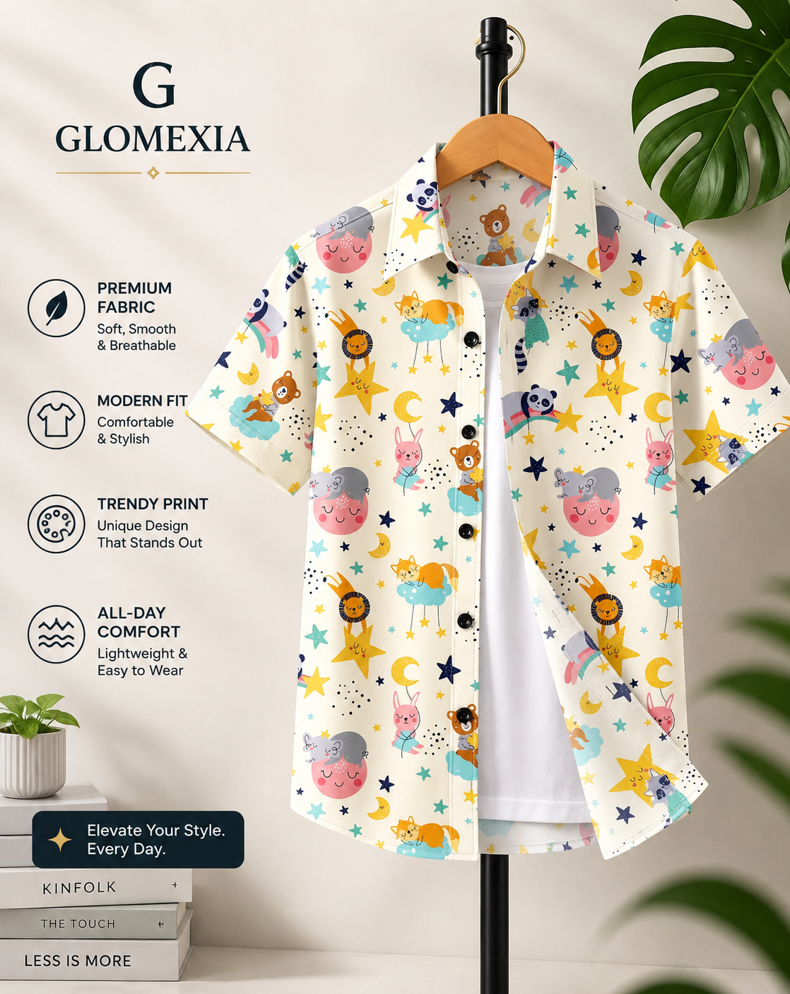 GLOMEXIA Boys White Forest Print Half Sleeve Casual Shirt | Soft Breathable Cotton Blend Shirt for Kids