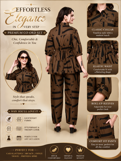 GLOMEXIA Women’s Blue Printed Peplum Co-Ord Set | Stylish Shirt Top with Elastic Waist Pants | Casual & Party Wear