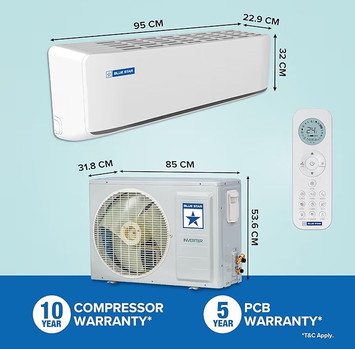 Blue Star 1.5 Ton 3 Star,New Star Rated, Wi-Fi Smart Inverter Split AC (Copper, 5 in 1 Convertible Cooling, DigiQ Hepta Sensor, Blue Fins,Turbo Cool,Blue Fins (IA318ZXUS, White)
