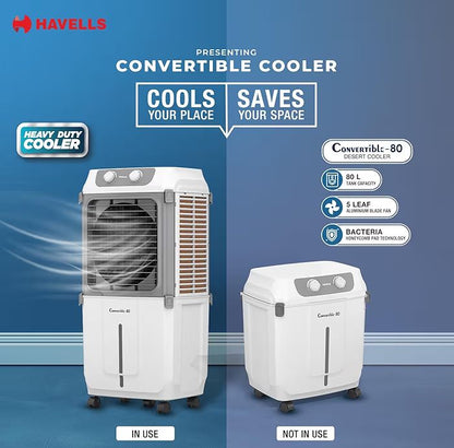 Havells 2-in-1 Convertible 80 L Desert Air Cooler for room| Dual functionality & easy storing| Can be used as side table| 5 Leaf Metal Blade Fan| Powerful Air-Delivery| Bacteria shield honeycomb pads