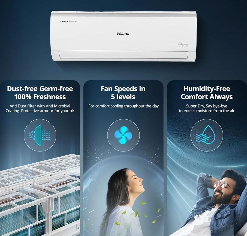 Voltas 123V CAE 1 ton 3 star inverter Split AC | 4-IN-1 Adjustable mode | Energy Efficient | High ambient Cooling-cools even at 52°C | Anti dust filter with Anti-microbial coating |Copper Coil |White