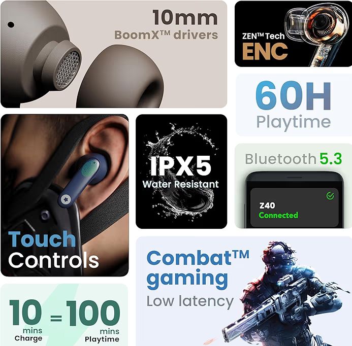 🎧 GOBOLT Z40 TWS Wireless Earbuds – 60H Playtime, ENC Mic, Low Latency Gaming, Type-C Fast Charging
