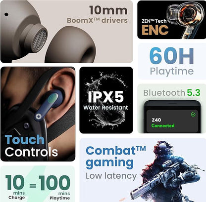 🎧 GOBOLT Z40 TWS Wireless Earbuds – 60H Playtime, ENC Mic, Low Latency Gaming, Type-C Fast Charging
