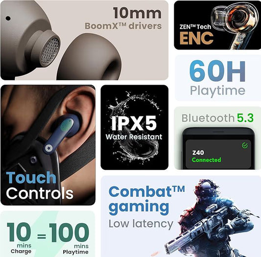 🎧 GOBOLT Z40 TWS Wireless Earbuds – 60H Playtime, ENC Mic, Low Latency Gaming, Type-C Fast Charging