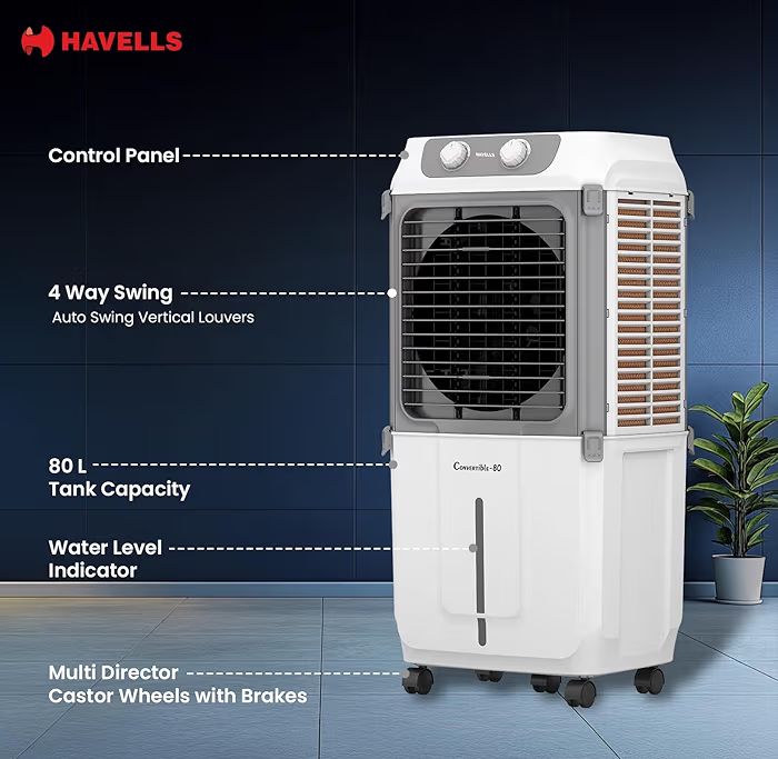 Havells 2-in-1 Convertible 80 L Desert Air Cooler for room| Dual functionality & easy storing| Can be used as side table| 5 Leaf Metal Blade Fan| Powerful Air-Delivery| Bacteria shield honeycomb pads