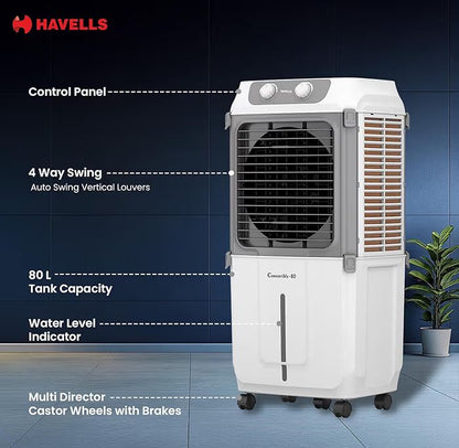 Havells 2-in-1 Convertible 80 L Desert Air Cooler for room| Dual functionality & easy storing| Can be used as side table| 5 Leaf Metal Blade Fan| Powerful Air-Delivery| Bacteria shield honeycomb pads