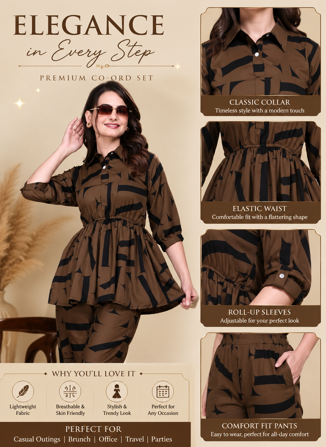 GLOMEXIA Women’s Blue Printed Peplum Co-Ord Set | Stylish Shirt Top with Elastic Waist Pants | Casual & Party Wear