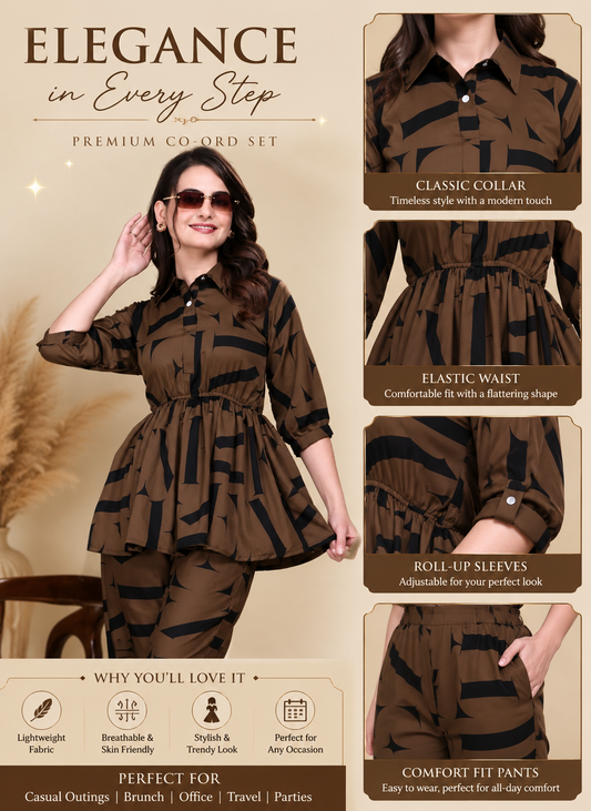 GLOMEXIA Women’s Blue Printed Peplum Co-Ord Set | Stylish Shirt Top with Elastic Waist Pants | Casual & Party Wear