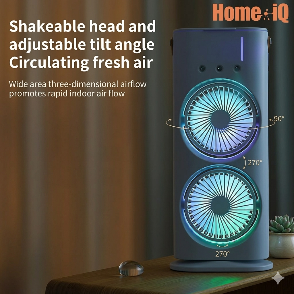 Mini Air Cooler Fan with Mist Spray, Dual Fan Cooling, RGB Light & Remote Control Portable Tower Cooler