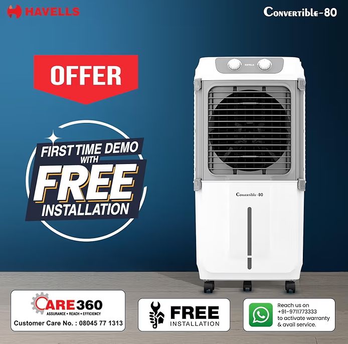 Havells 2-in-1 Convertible 80 L Desert Air Cooler for room| Dual functionality & easy storing| Can be used as side table| 5 Leaf Metal Blade Fan| Powerful Air-Delivery| Bacteria shield honeycomb pads
