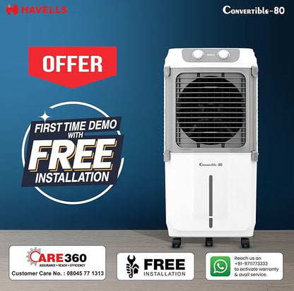 Havells 2-in-1 Convertible 80 L Desert Air Cooler for room| Dual functionality & easy storing| Can be used as side table| 5 Leaf Metal Blade Fan| Powerful Air-Delivery| Bacteria shield honeycomb pads