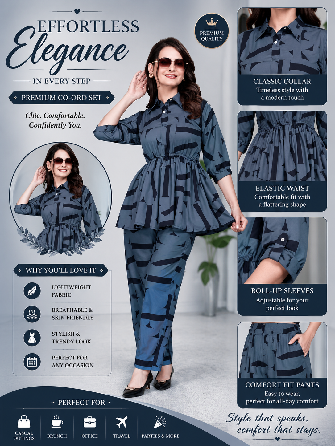 GLOMEXIA Women’s Blue Printed Peplum Co-Ord Set | Stylish Shirt Top with Elastic Waist Pants | Casual & Party Wear