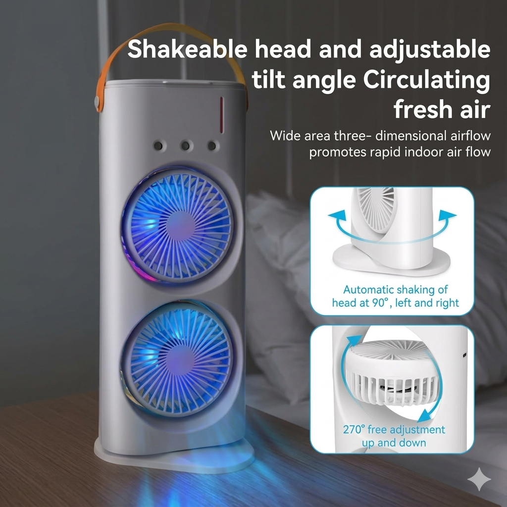 Mini Air Cooler Fan with Mist Spray, Dual Fan Cooling, RGB Light & Remote Control Portable Tower Cooler