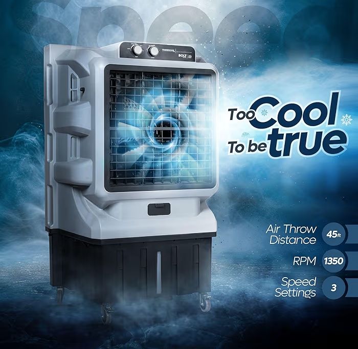 THERMOCOOL Commercial Cooler Bolt Excel with Wheel 95Ltr | Inverter Compatible, Low Noise | Honey Comb Pad | Collapsible Louvres | Water level Indicator | Auto Swing | 45ft Air Throw Distance