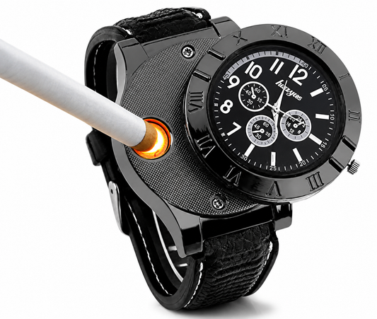 Glomexia Leather USB Rechargeable Flameless Lighter Analog Watch for Men | Windproof Electric Cigarette Lighter | Premium Black