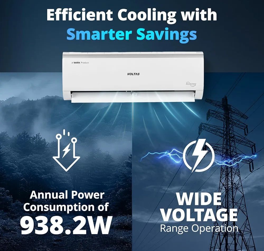 Voltas 123V CAE 1 ton 3 star inverter Split AC | 4-IN-1 Adjustable mode | Energy Efficient | High ambient Cooling-cools even at 52°C | Anti dust filter with Anti-microbial coating |Copper Coil |White