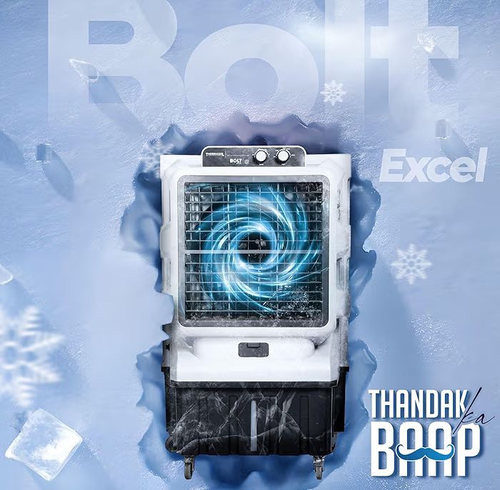 THERMOCOOL Commercial Cooler Bolt Excel with Wheel 95Ltr | Inverter Compatible, Low Noise | Honey Comb Pad | Collapsible Louvres | Water level Indicator | Auto Swing | 45ft Air Throw Distance