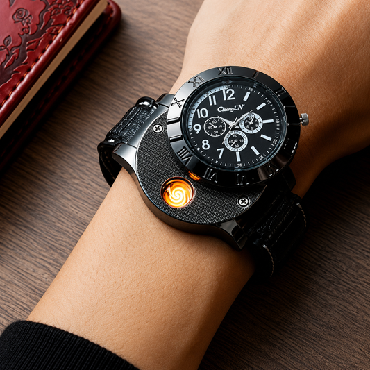 Glomexia Leather USB Rechargeable Flameless Lighter Analog Watch for Men | Windproof Electric Cigarette Lighter | Premium Black