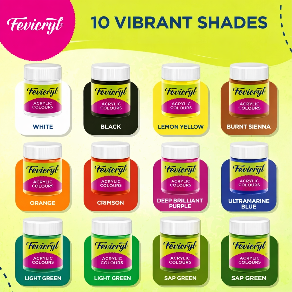 Fevicryl Acrylic Colours Set (10 Shades) | High Pigment, Quick Dry & Long Lasting Paints | Art & Craft Paint Kit